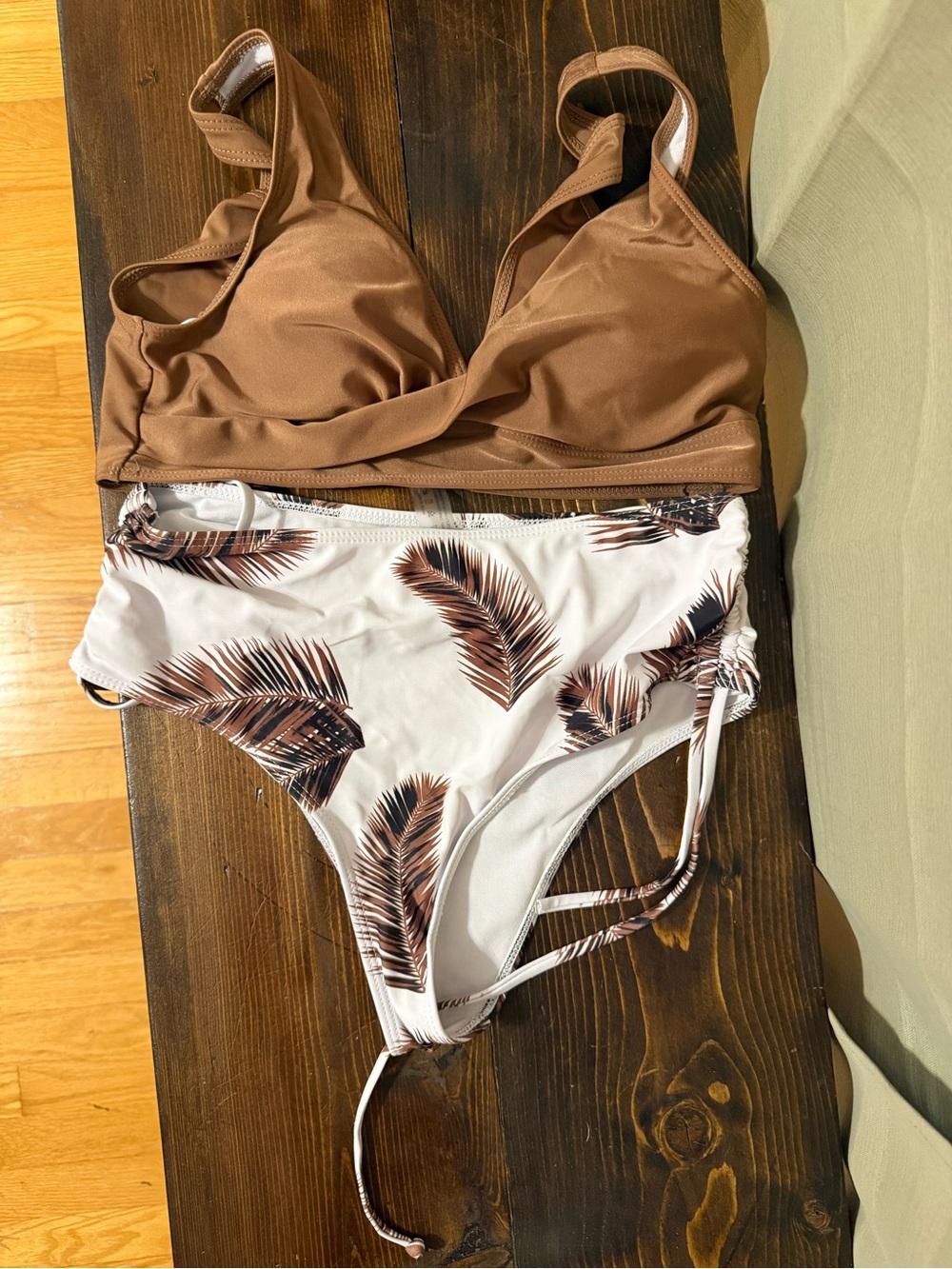 Women’s Brown Two-Piece Swim Set with Palm Print